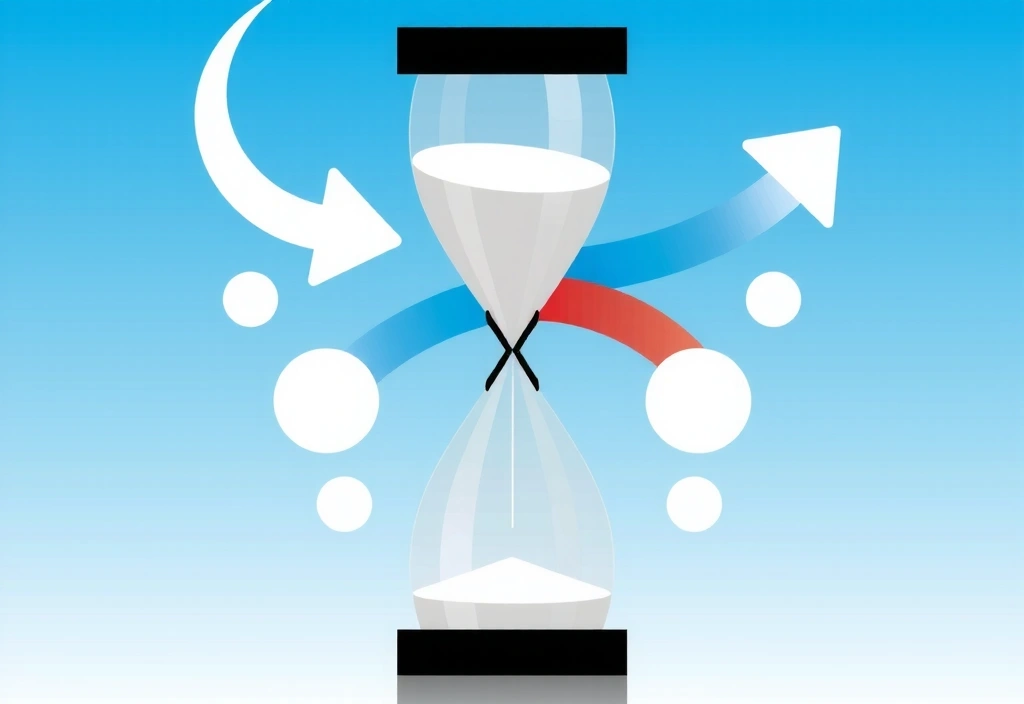 Reloj de arena digital y flechas que simbolizan el tiempo y los cambios.