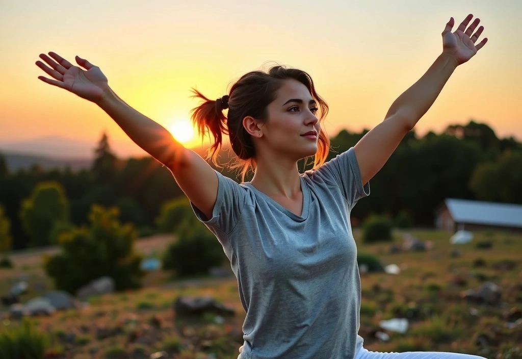 Una persona sonriente y energética haciendo yoga al amanecer, simbolizando vitalidad y bienestar.