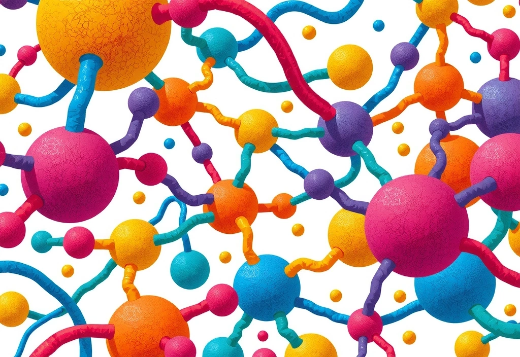 Ilustración de una compleja red metabólica con moléculas entrelazadas