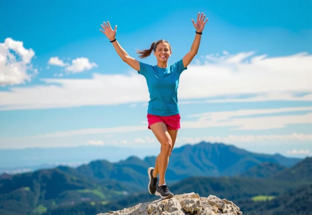 Un corredor sonriente en la cima de una montaña, simbolizando vitalidad y resistencia