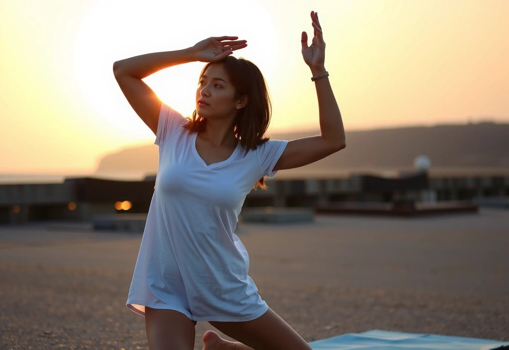 Mujer joven practicando yoga al aire libre al amanecer