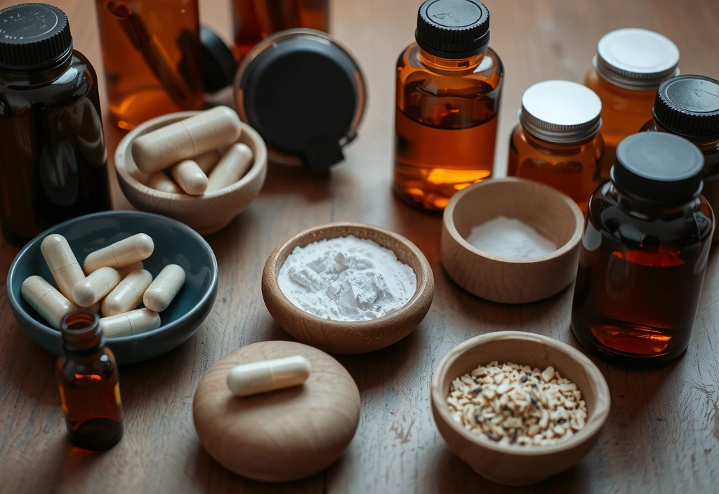 Variedad de suplementos alimenticios naturales en frascos y cápsulas sobre una mesa de madera
