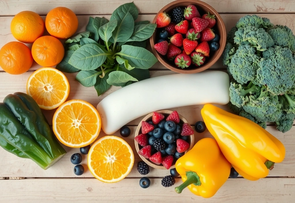 Variedad de frutas y verduras frescas, ricas en vitaminas naturales.